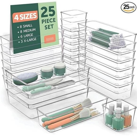 Clear Plastic Drawer Organizer Bins 25pc Set Makeup Kitchen Bathroom Storage - Picture 7 of 7